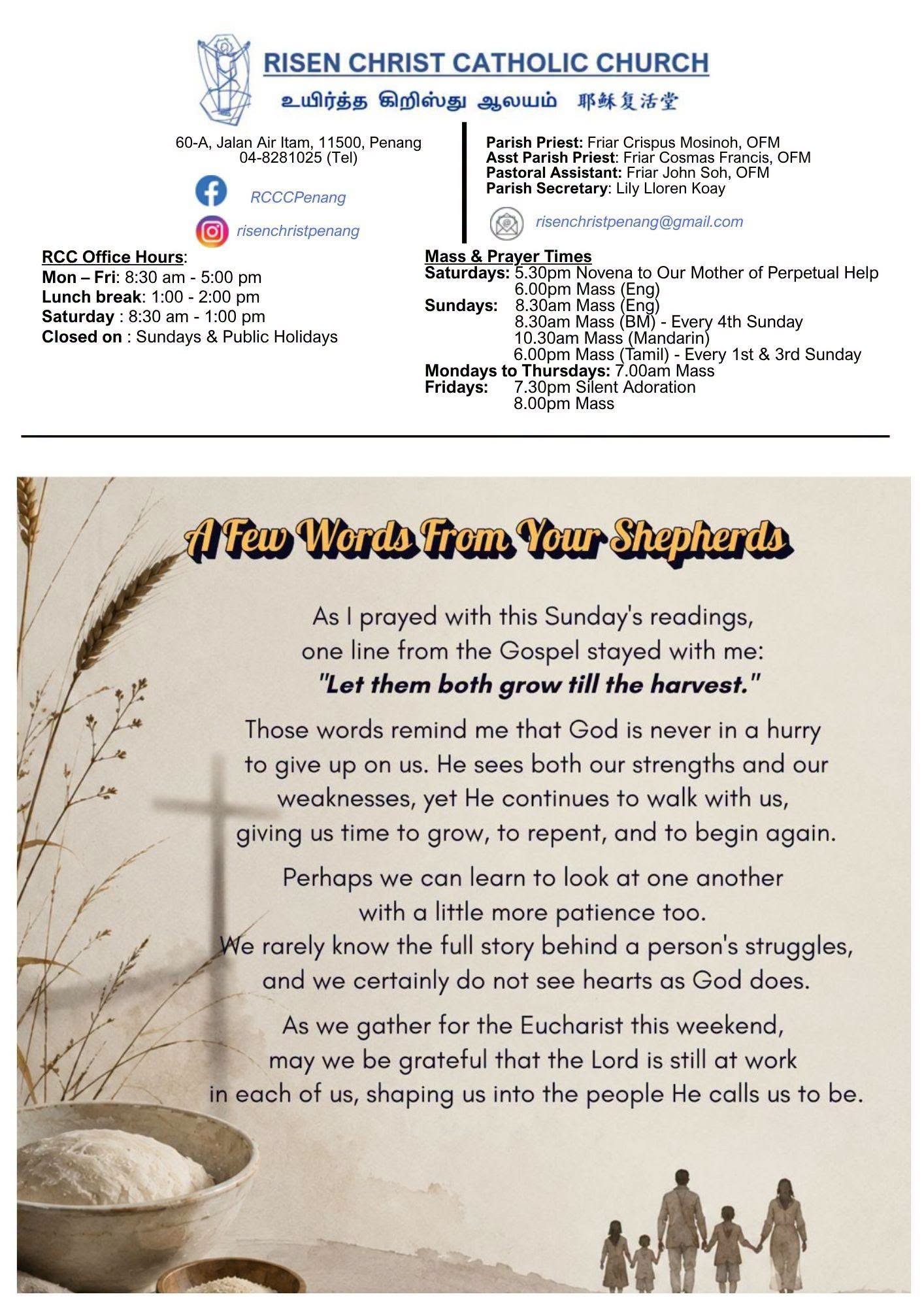 Parish info, mass times, and this week's reflection from the parish priests