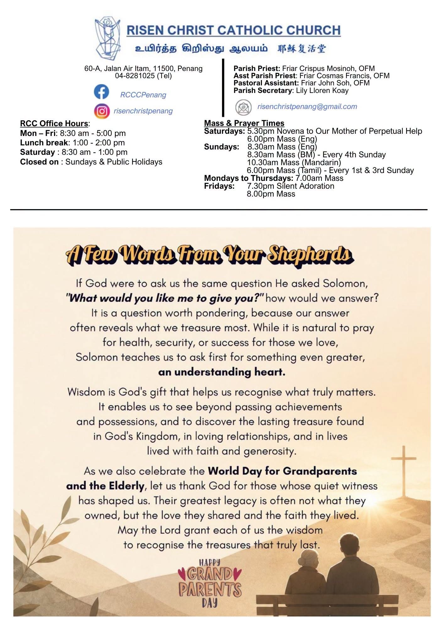 Parish info, mass times, and this week's reflection from the parish priests